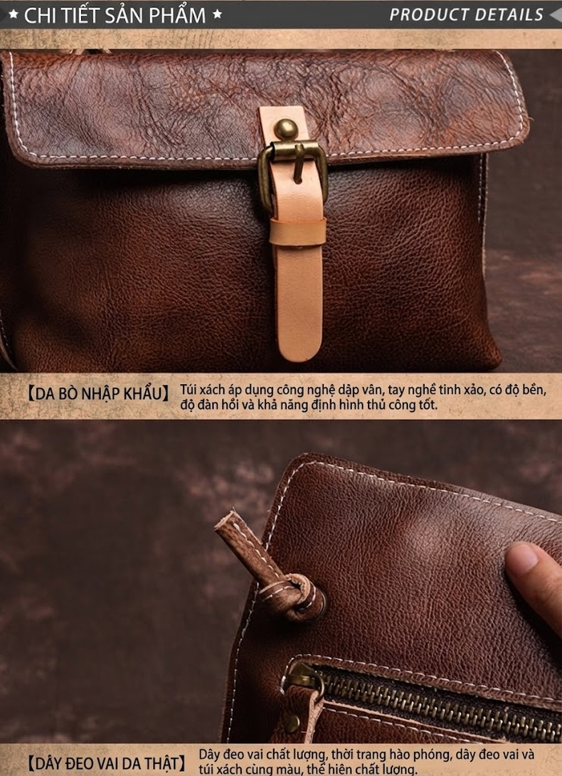 Túi Đeo Vai Nữ Da Bò Thủ Công Vintage Mềm Mại Màu Nâu, Vàng, Đỏ chi tiết 11