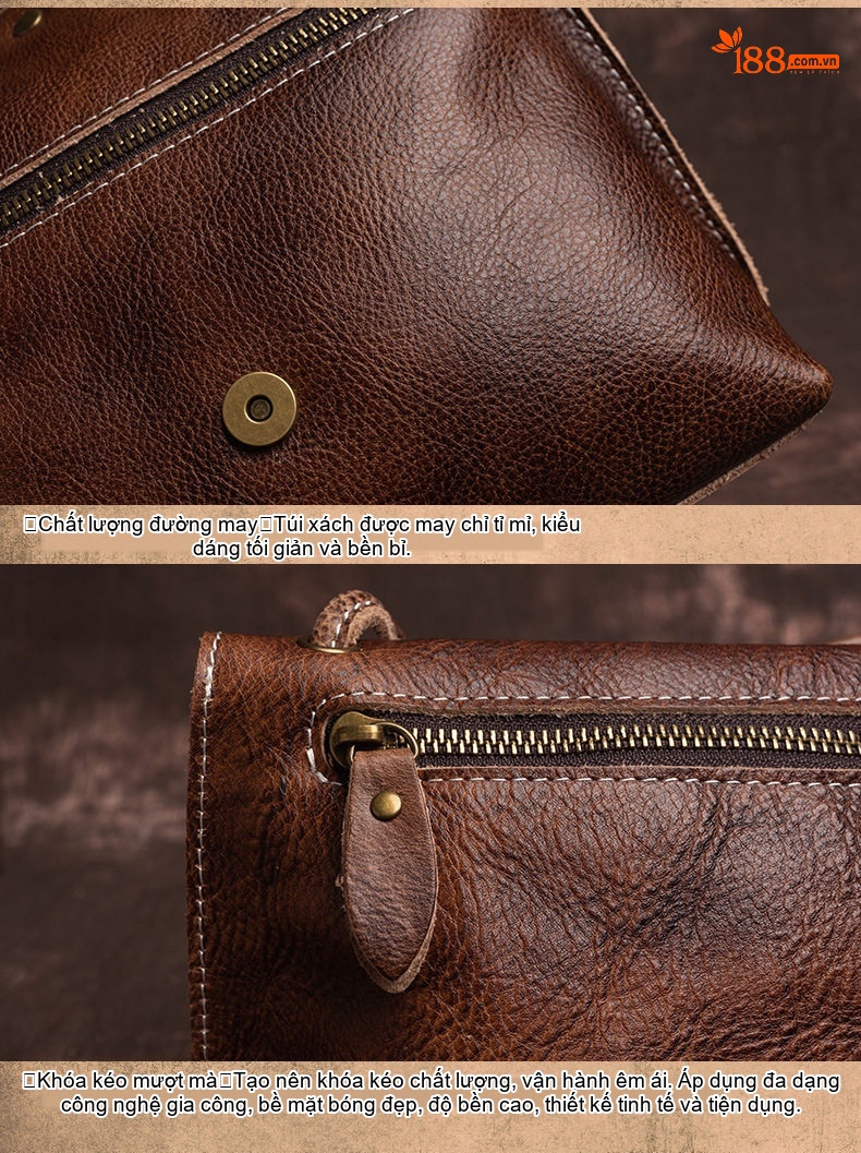Túi Đeo Vai Nữ Da Bò Thủ Công Vintage Mềm Mại Màu Nâu, Vàng, Đỏ chi tiết 12