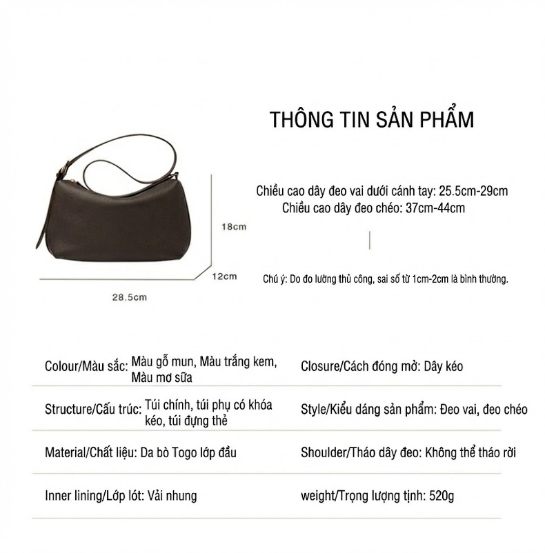 Túi Đeo Vai Nữ Da Bò Togo Dáng Trăng Khuyết Thiết Kế Tối Giản Màu Nâu, Đen chi tiết 11