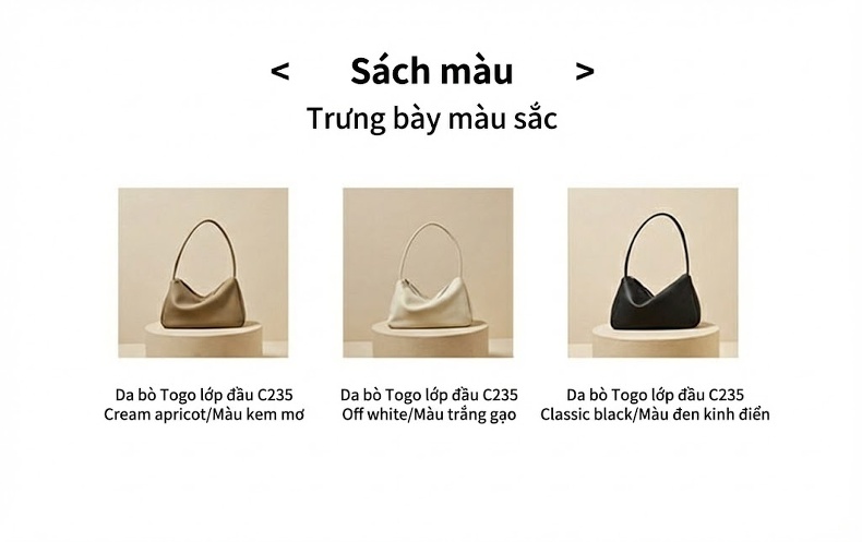 Túi Đeo Vai Nữ Da Bò Togo Pháp Túi Kẹp Nách Baguette Da Thật Cao Cấp Màu Đen, Kem, Nâu chi tiết 4