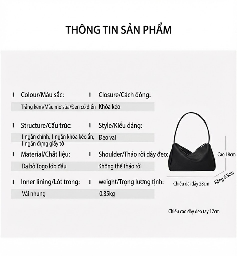 Túi Đeo Vai Nữ Da Bò Togo Pháp Túi Kẹp Nách Baguette Da Thật Cao Cấp Màu Đen, Kem, Nâu chi tiết 7