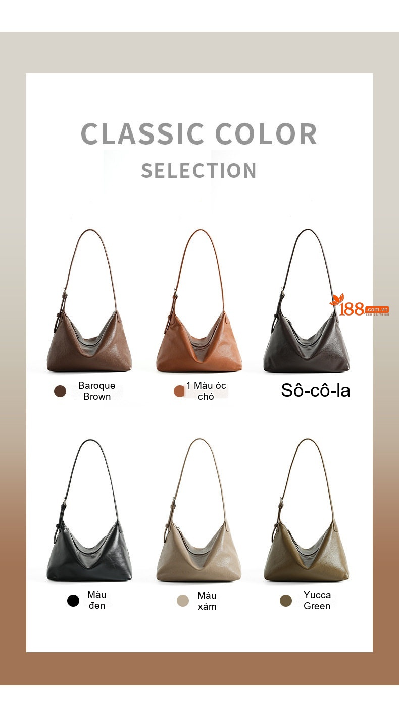 Túi Đeo Vai Nữ Da Bò Tự Nhiên Hobo Lớn Cổ Điển Màu Nâu chi tiết 16