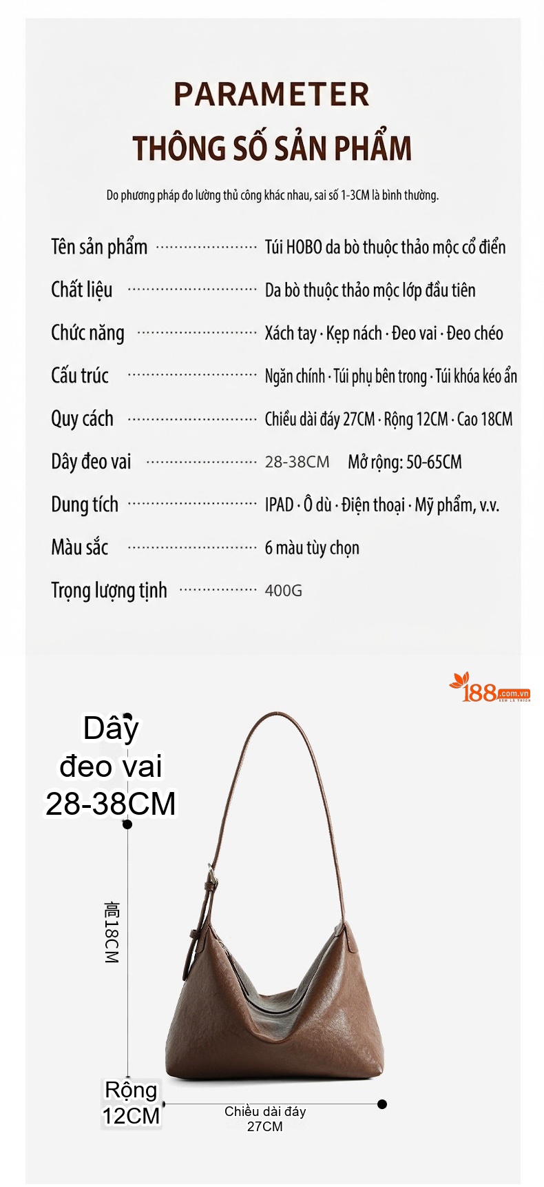 Túi Đeo Vai Nữ Da Bò Tự Nhiên Hobo Lớn Cổ Điển Màu Nâu chi tiết 17