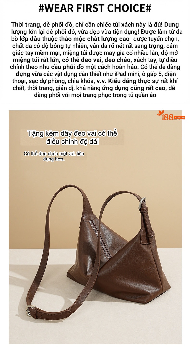 Túi Đeo Vai Nữ Da Bò Tự Nhiên Hobo Lớn Cổ Điển Màu Nâu chi tiết 20