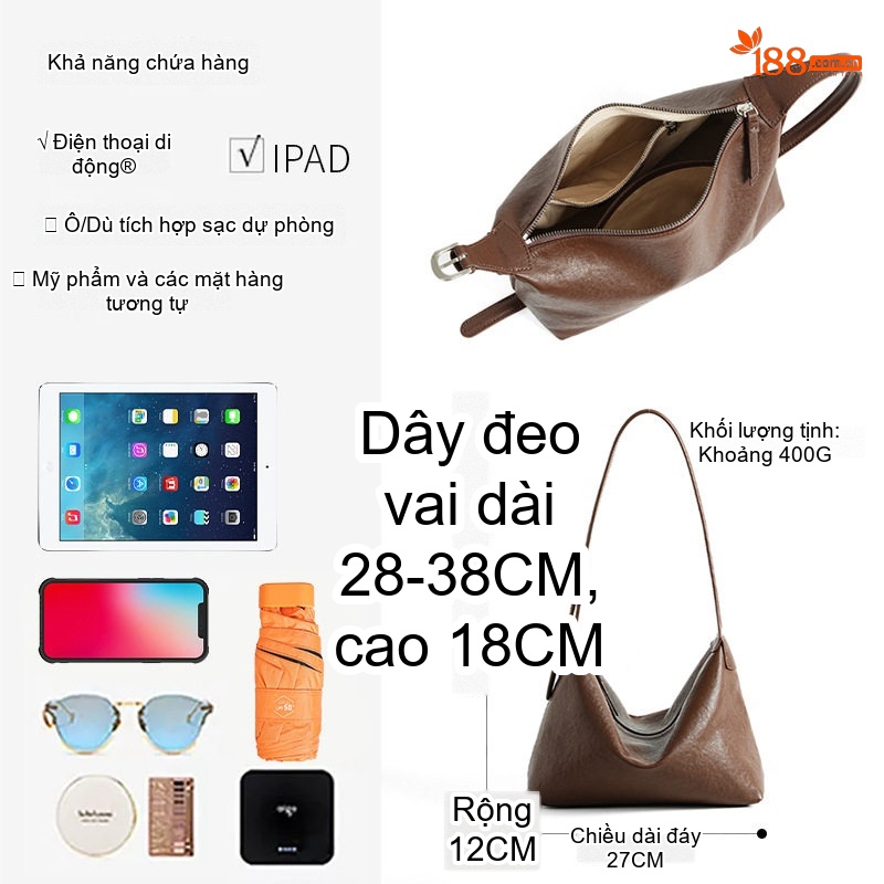 Túi Đeo Vai Nữ Da Bò Tự Nhiên Hobo Lớn Cổ Điển Màu Nâu