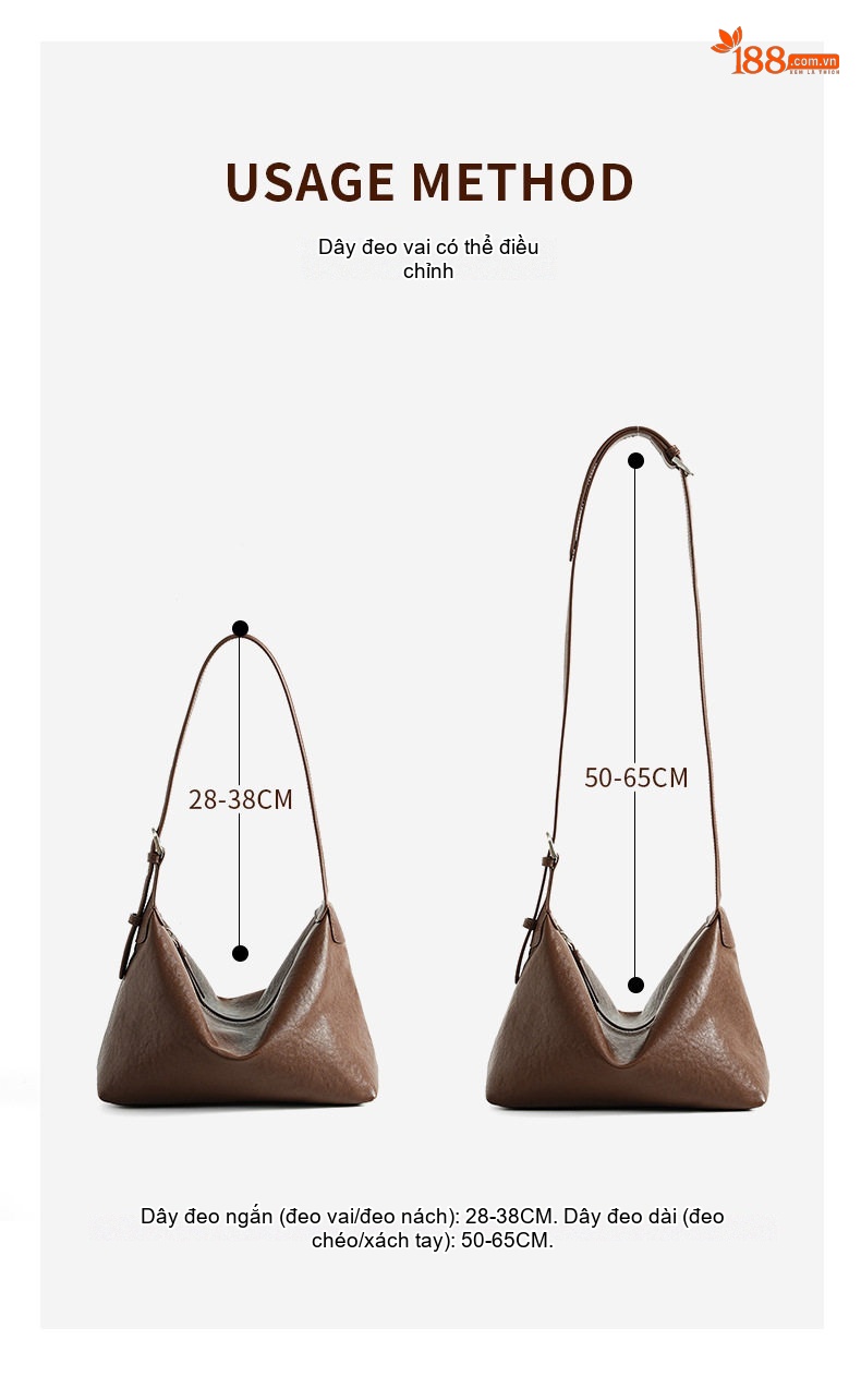 Túi Đeo Vai Nữ Da Bò Tự Nhiên Hobo Lớn Cổ Điển Màu Nâu chi tiết 19