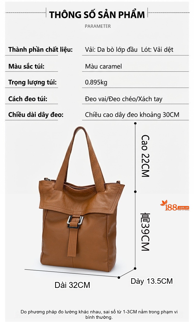 Túi Đeo Vai Nữ Da Bò Túi Đeo Chéo Nữ Da Bò Túi Tote Nữ Da Bò Lớn Màu Nâu Caramel chi tiết 5