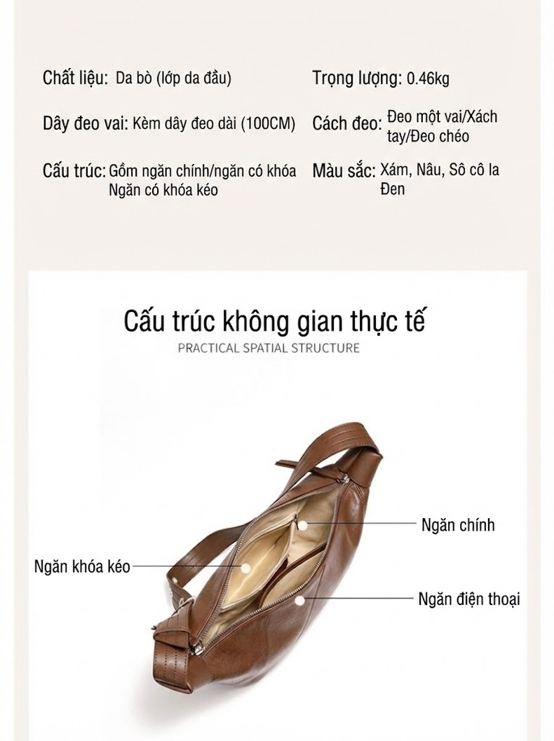 Túi Đeo Vai Nữ Da Bò, Túi Đeo Chéo Nữ Phong Cách Tiểu Thư Màu Nâu, Xám, Đen... chi tiết 8