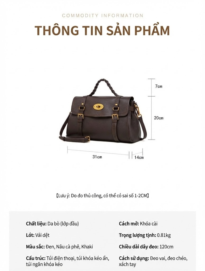 Túi Đeo Vai Nữ Da Bò, Túi Tote, Túi Đeo Chéo, Túi Công Sở Màu Đen, Nâu, Xám chi tiết 7