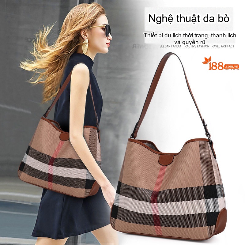 Túi Đeo Vai Nữ Da Bò Vải Canvas Họa Tiết Kẻ Ô Lớn Cao Cấp Màu Nâu