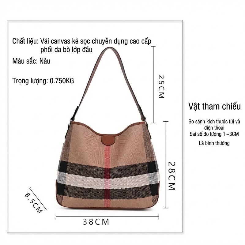 Túi Đeo Vai Nữ Da Bò Vải Canvas Họa Tiết Kẻ Ô Lớn Cao Cấp Màu Nâu chi tiết 1