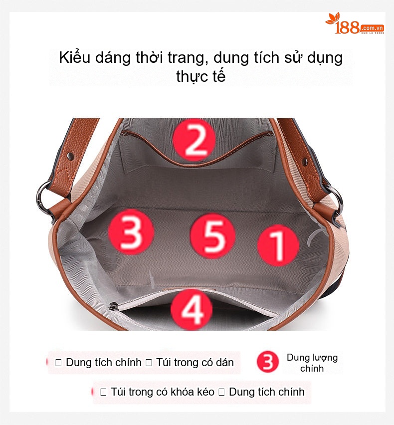 Túi Đeo Vai Nữ Da Bò Vải Canvas Họa Tiết Kẻ Ô Lớn Cao Cấp Màu Nâu chi tiết 6
