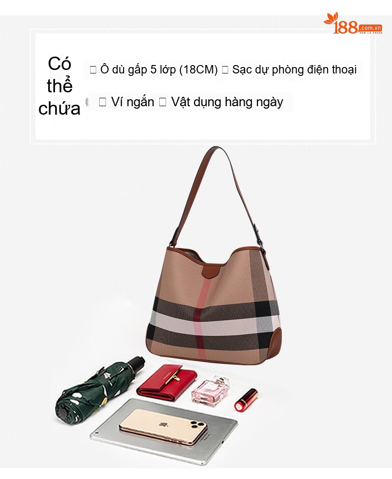Túi Đeo Vai Nữ Da Bò Vải Canvas Họa Tiết Kẻ Ô Lớn Cao Cấp Màu Nâu chi tiết 7