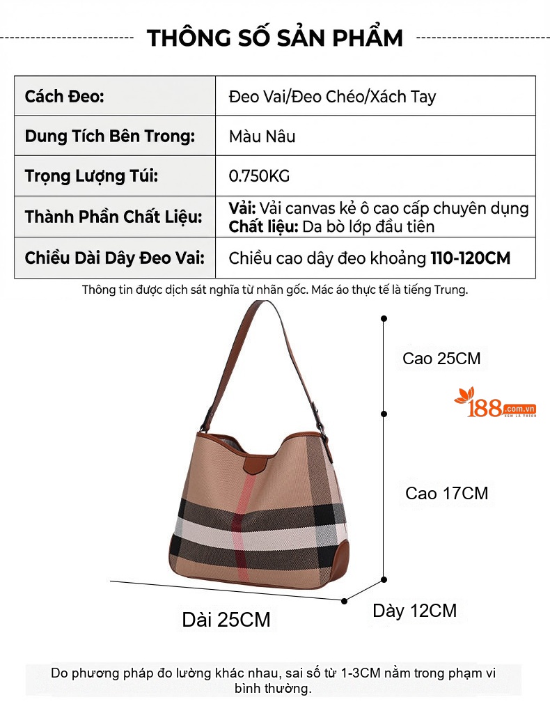 Túi Đeo Vai Nữ Da Bò Vải Canvas Họa Tiết Kẻ Ô Lớn Cao Cấp Màu Nâu chi tiết 18