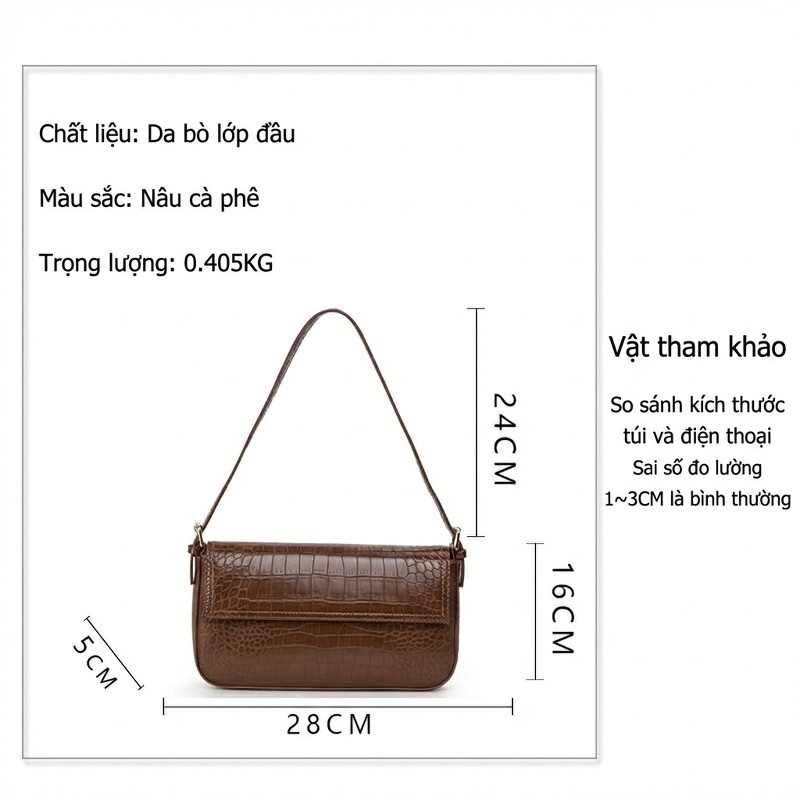 Túi Đeo Vai Nữ Da Bò Vân Cá Sấu Túi Kẹp Nách Túi Đeo Chéo Màu Nâu