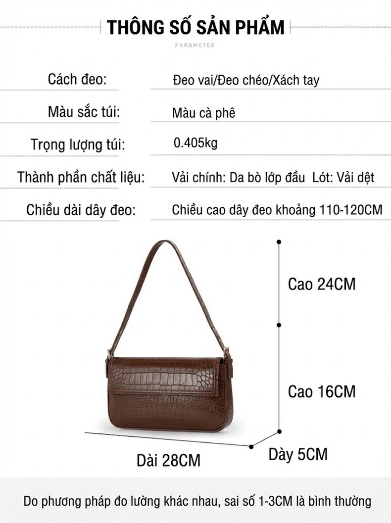 Túi Đeo Vai Nữ Da Bò Vân Cá Sấu Túi Kẹp Nách Túi Đeo Chéo Màu Nâu chi tiết 5