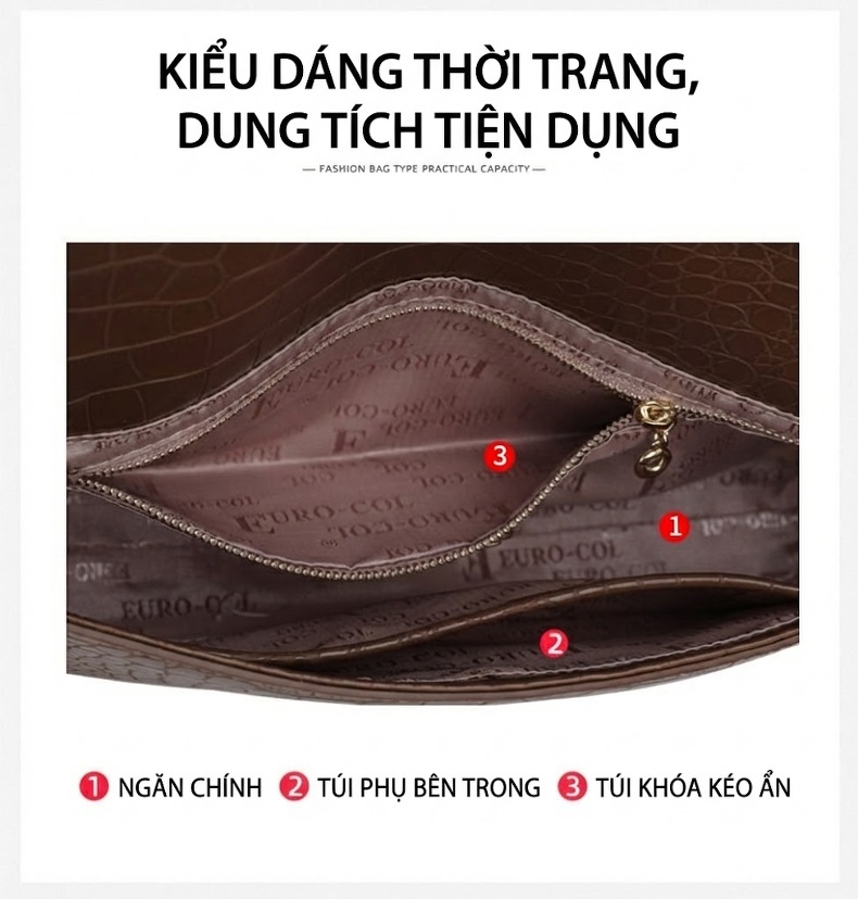 Túi Đeo Vai Nữ Da Bò Vân Cá Sấu Túi Kẹp Nách Túi Đeo Chéo Màu Nâu chi tiết 7