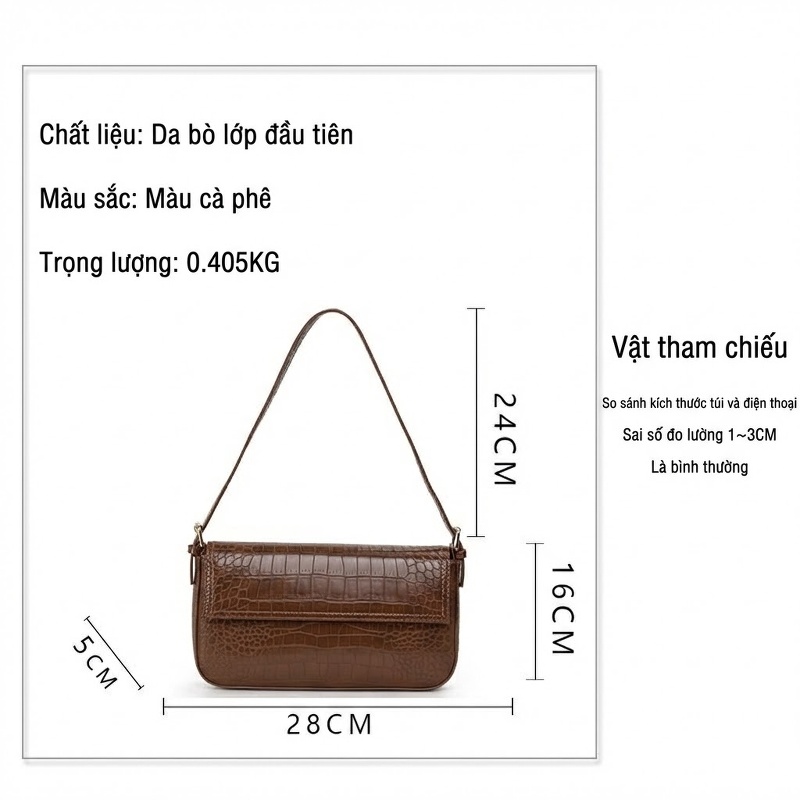Túi Đeo Vai Nữ Da Bò Vân Cá Sấu Túi Kẹp Nách Túi Đeo Chéo Màu Nâu chi tiết 11
