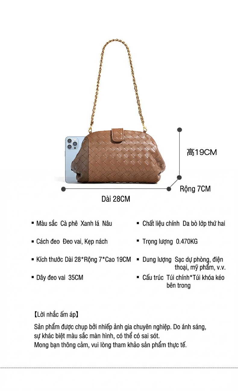 Túi Đeo Vai Nữ Da Bò Vân Đan Dây Xích Cầm Tay Kẹp Nách Thời Trang Màu Nâu, Xanh Lá chi tiết 7