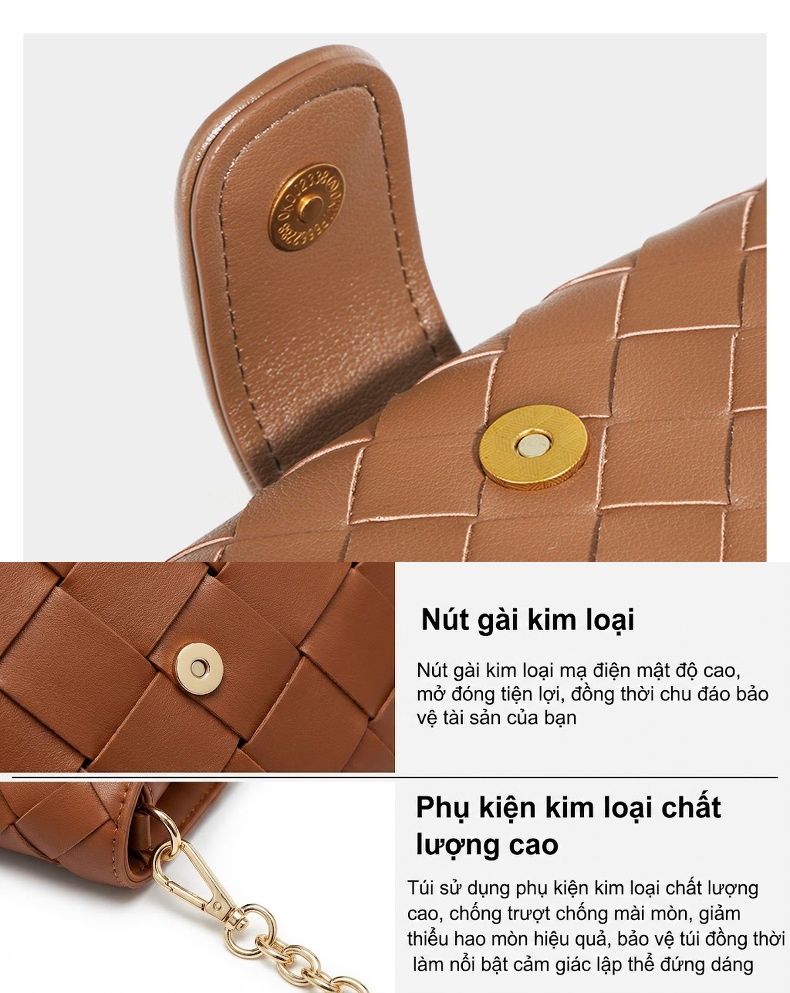 Túi Đeo Vai Nữ Da Bò Vân Đan Dây Xích Cầm Tay Kẹp Nách Thời Trang Màu Nâu, Xanh Lá chi tiết 11