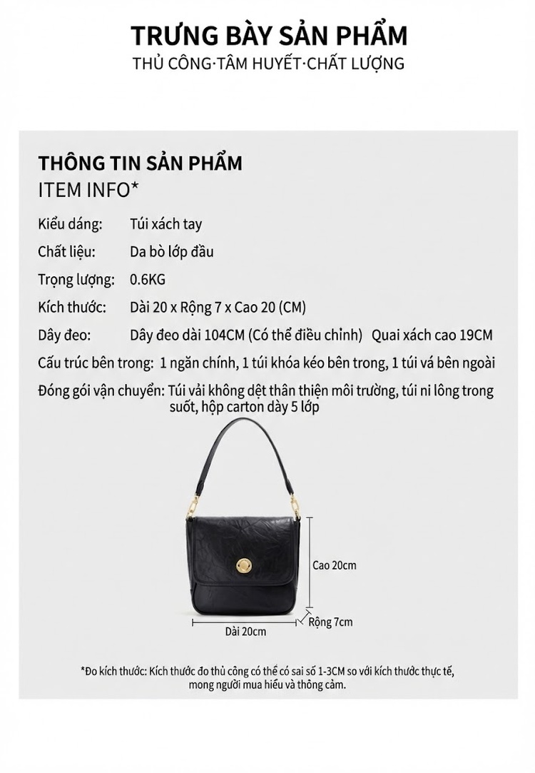 Túi Đeo Vai Nữ Da Bò Vân Nhăn Phong Cách Cổ Điển Màu Đen chi tiết 4