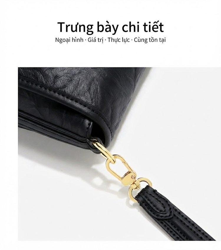 Túi Đeo Vai Nữ Da Bò Vân Nhăn Phong Cách Cổ Điển Màu Đen chi tiết 11