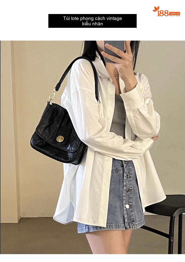 Túi Đeo Vai Nữ Da Bò Vân Nhăn Phong Cách Cổ Điển Màu Đen chi tiết 1