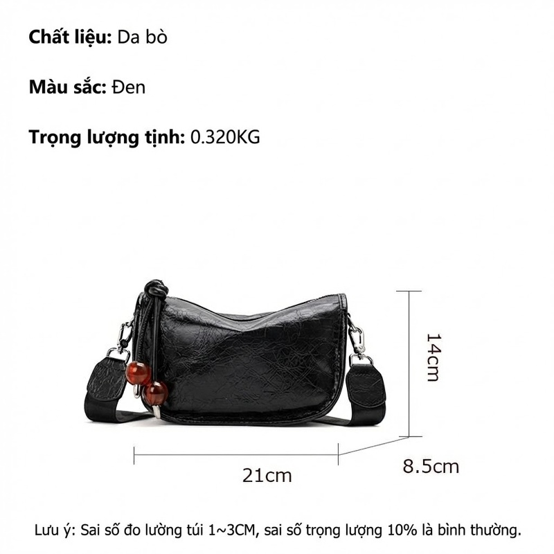Túi Đeo Vai Nữ Da Bò Vân Nứt Quai Xích Phong Cách Thời Trang Màu Đen