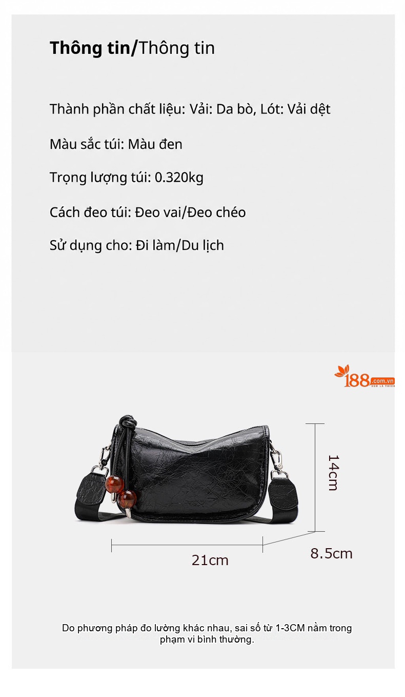 Túi Đeo Vai Nữ Da Bò Vân Nứt Quai Xích Phong Cách Thời Trang Màu Đen chi tiết 3