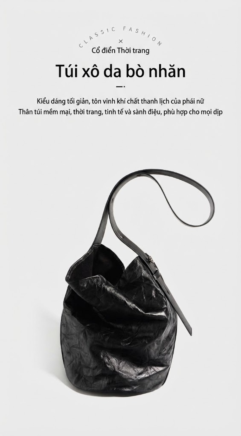Túi Đeo Vai Nữ Da Bò Vân Tay Cổ Điển Kiểu Túi Bucket Tote Đeo Chéo Màu Nâu, Đen, Kem chi tiết 1