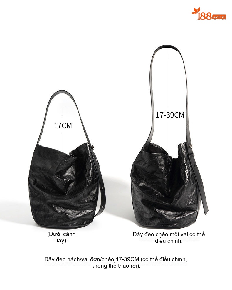 Túi Đeo Vai Nữ Da Bò Vân Tay Cổ Điển Kiểu Túi Bucket Tote Đeo Chéo Màu Nâu, Đen, Kem chi tiết 7