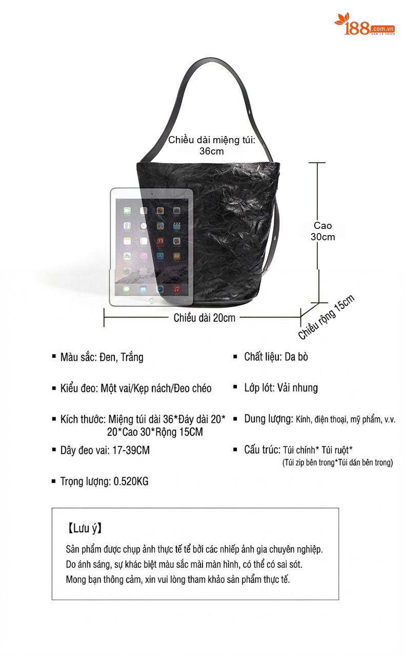 Túi Đeo Vai Nữ Da Bò Vân Tay Cổ Điển Kiểu Túi Bucket Tote Đeo Chéo Màu Nâu, Đen, Kem chi tiết 5