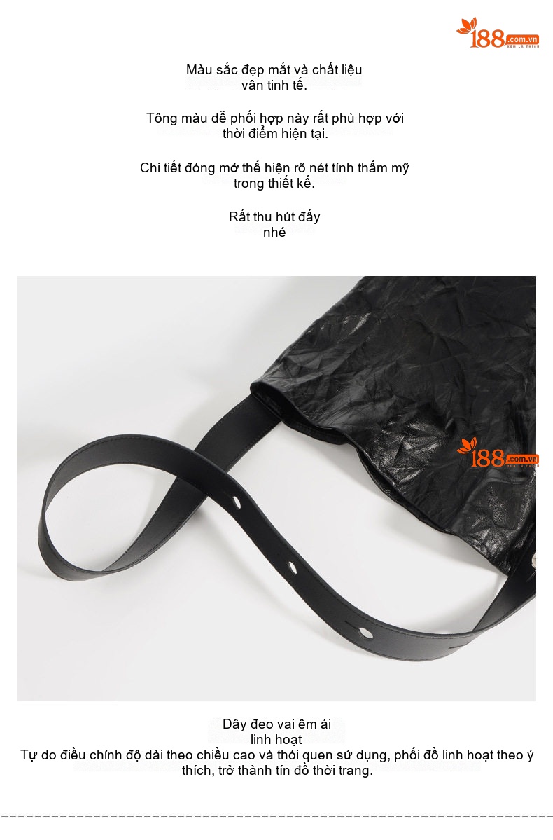 Túi Đeo Vai Nữ Da Bò Vân Tay Cổ Điển Kiểu Túi Bucket Tote Đeo Chéo Màu Nâu, Đen, Kem chi tiết 9
