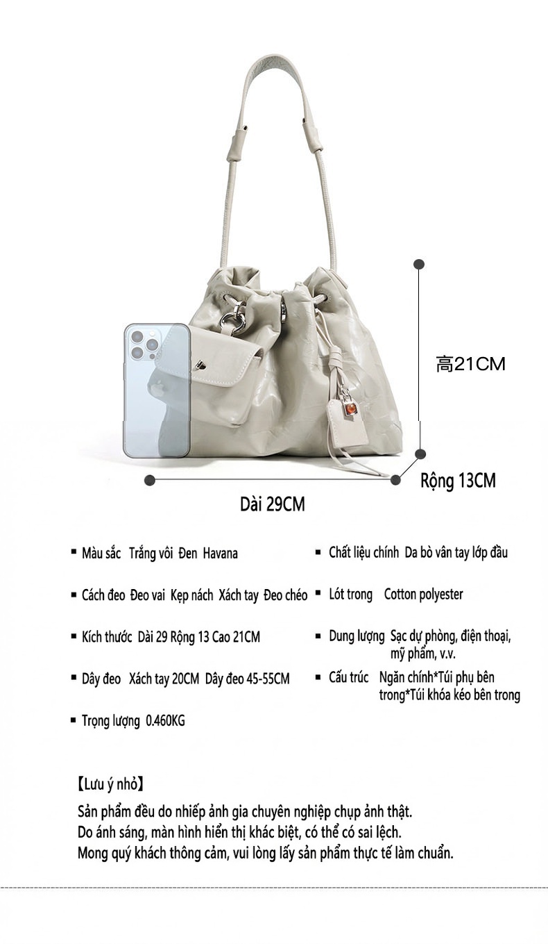 Túi Đeo Vai Nữ Da Bò Vân Tay, Thiết Kế Nhún, Phong Cách Công Sở Màu Nâu, Trắng Kem chi tiết 6