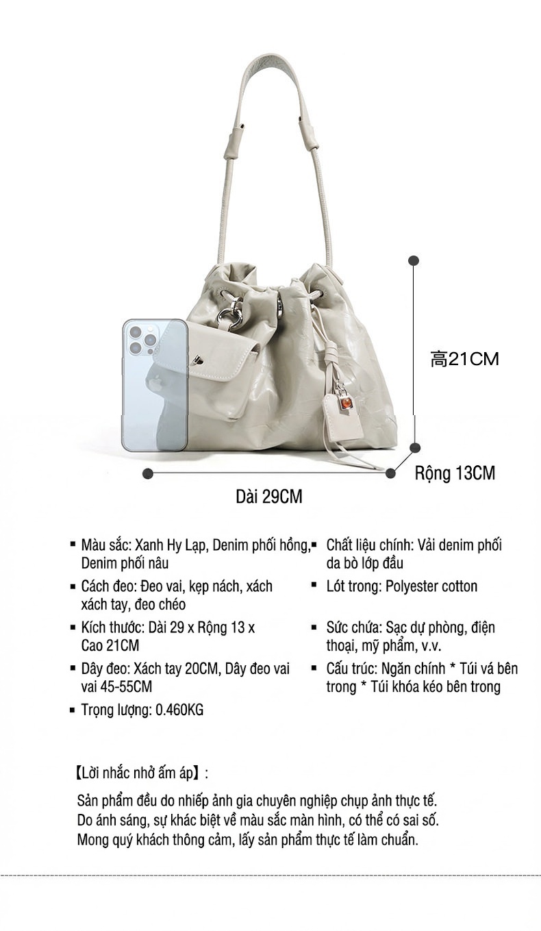 Túi Đeo Vai Nữ Da Bò Vân Tay, Thiết Kế Nhún, Phong Cách Công Sở Màu Nâu, Trắng Kem chi tiết 16