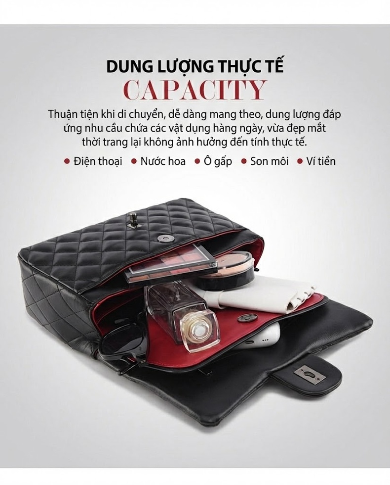 Túi Đeo Vai Nữ Da Bóng Chần Ô Trám Họa Tiết Thêu Dây Xích Phong Cách Tiểu Thư Màu Đen chi tiết 8