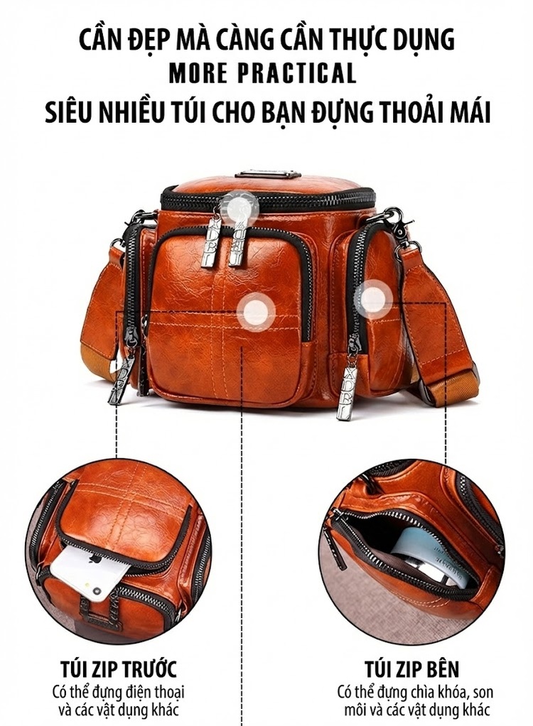 Túi Đeo Vai Nữ Da Bóng Dáng Tròn, Kiểu Camera, Dung Tích Lớn Màu Nâu chi tiết 9