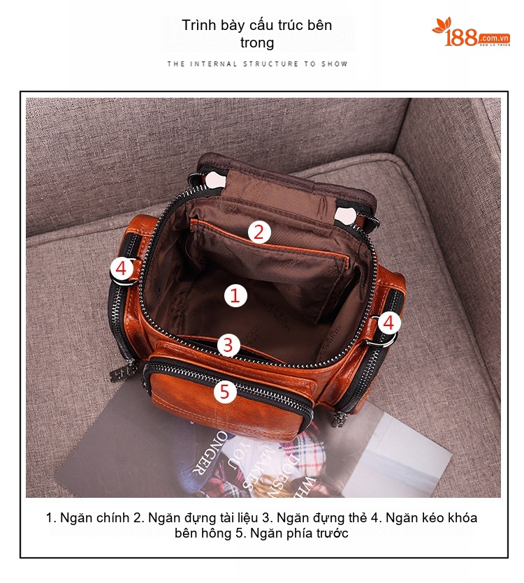 Túi Đeo Vai Nữ Da Bóng Dáng Tròn, Kiểu Camera, Dung Tích Lớn Màu Nâu chi tiết 11