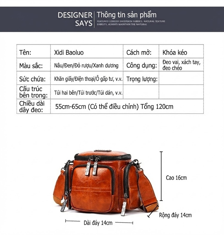 Túi Đeo Vai Nữ Da Bóng Dáng Tròn, Kiểu Camera, Dung Tích Lớn Màu Nâu chi tiết 22