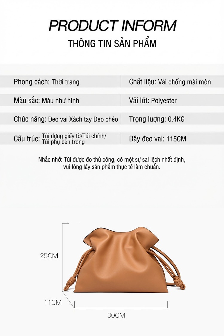 Túi Đeo Vai Nữ Da Bóng Dáng Túi Búp Bèo Sức Chứa Lớn Phong Cách Thời Trang Màu Nâu, Đen chi tiết 5
