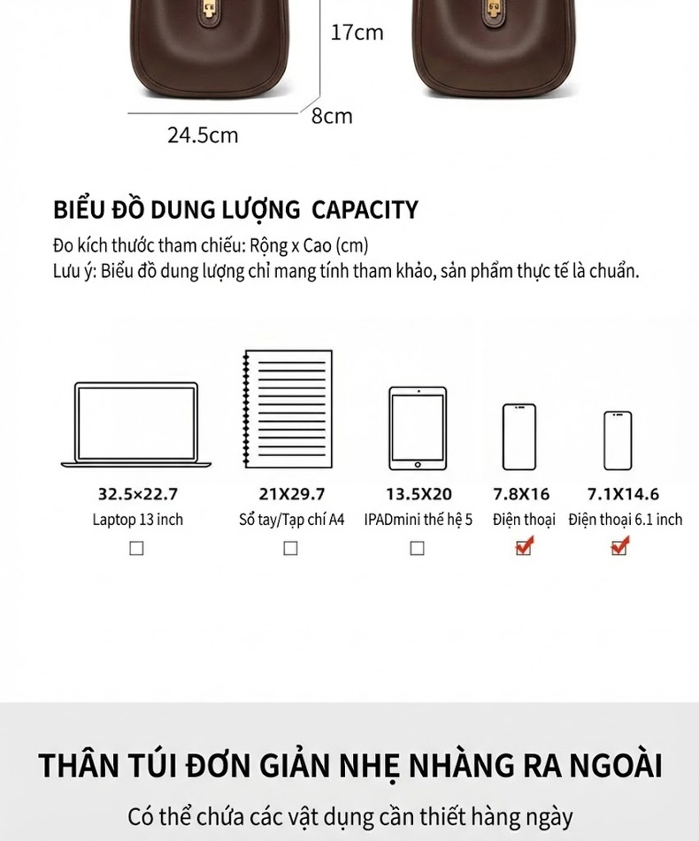 Túi Đeo Vai Nữ Da Bóng Dáng Yên Ngựa Phong Cách Vintage Màu Nâu chi tiết 5