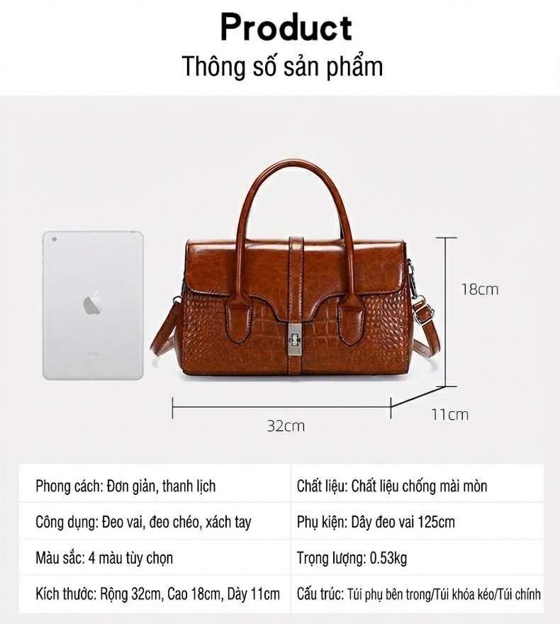 Túi Đeo Vai Nữ Da Bóng Dập Vân Cá Sấu Quai Xách Tay Trung Niên Màu Đen, Nâu Đậm, Đỏ Rượu, Nâu... chi tiết 10
