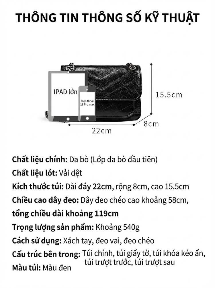 Túi Đeo Vai Nữ Da Bóng Dây Xích Kiểu Túi Bưu Tá Đeo Chéo Màu Đen chi tiết 11