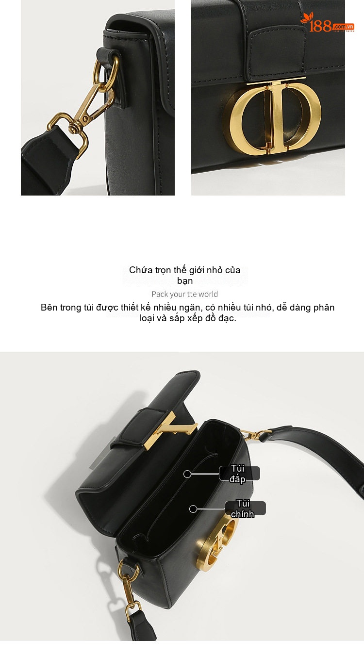 Túi Đeo Vai Nữ Da Bóng Đeo Chéo Dáng Hộp Chữ Nhật Khóa CD Màu Đen chi tiết 4
