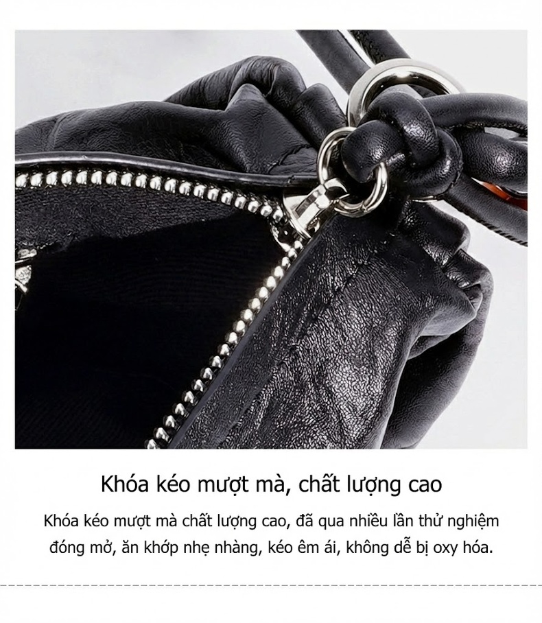 Túi Đeo Vai Nữ Da Bóng Họa Tiết Nhăn Cao Cấp Dáng Tròn Mini Màu Đen, Trắng, Bạc chi tiết 12