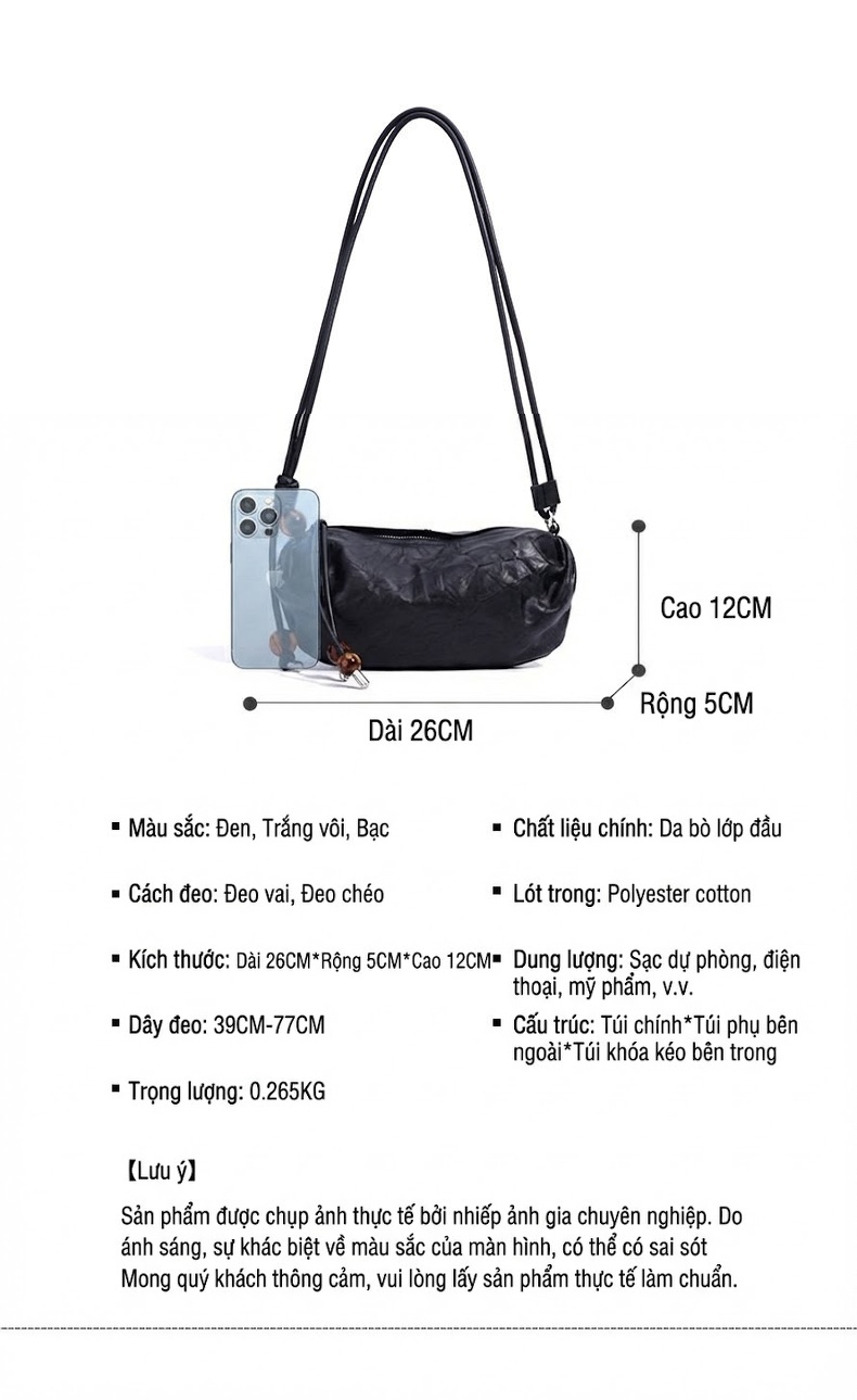 Túi Đeo Vai Nữ Da Bóng Họa Tiết Nhăn Cao Cấp Dáng Tròn Mini Màu Đen, Trắng, Bạc chi tiết 6