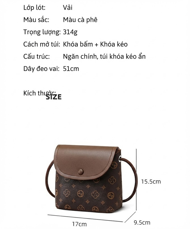 Túi Đeo Vai Nữ Da Bóng Họa Tiết Thời Trang Tiện Lợi Cao Cấp Màu Nâu chi tiết 2