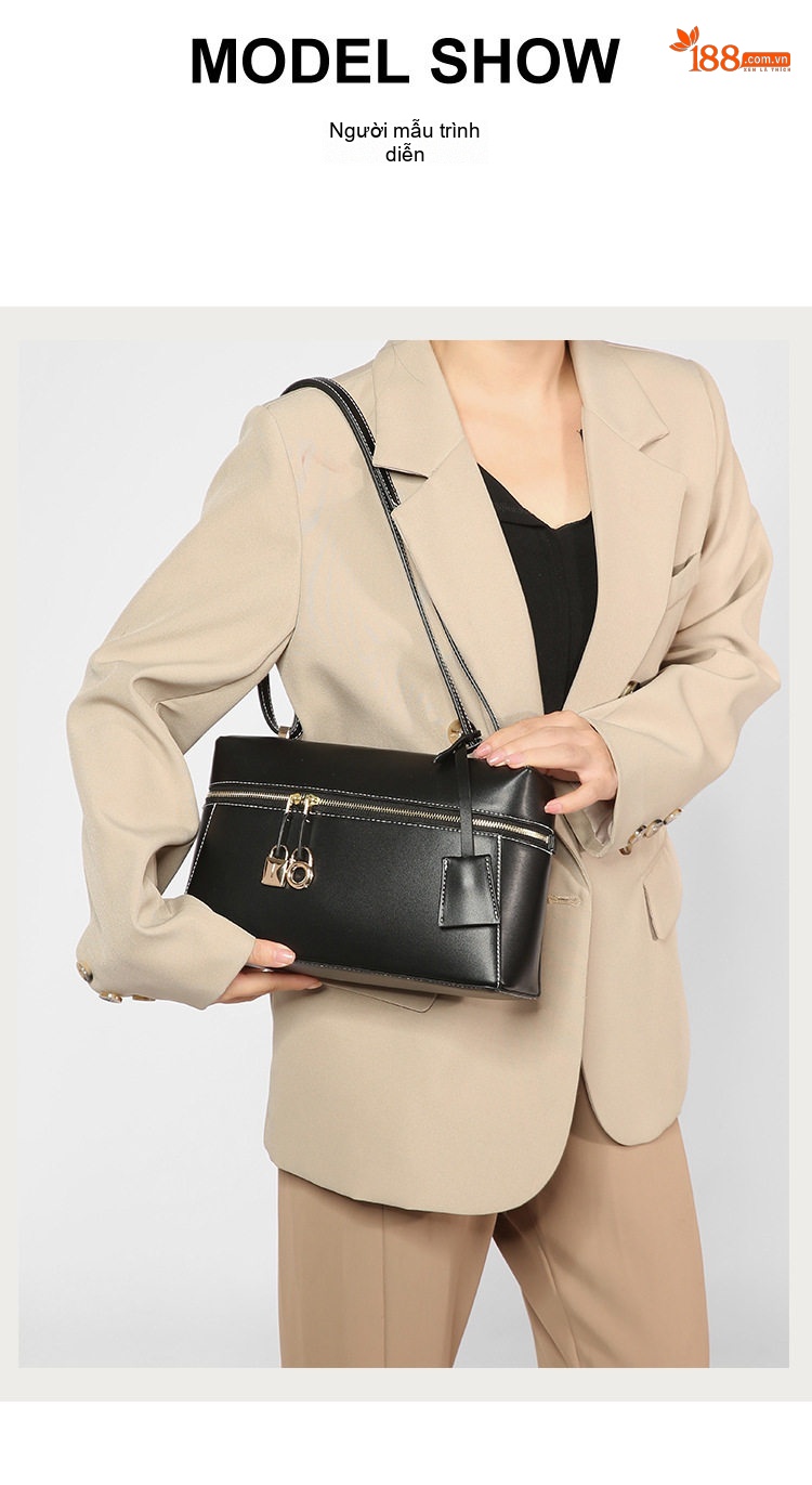 Túi Đeo Vai Nữ Da Bóng Kiểu Hộp Cơm Vintage Đeo Chéo Tay Cầm Màu Đen, Nâu chi tiết 6