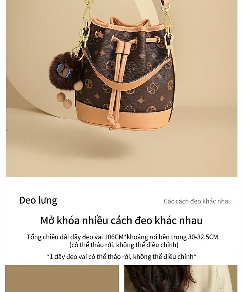 Túi Đeo Vai Nữ Da Bóng Kiểu Túi Rút Bucket Thời Trang Màu Nâu chi tiết 5