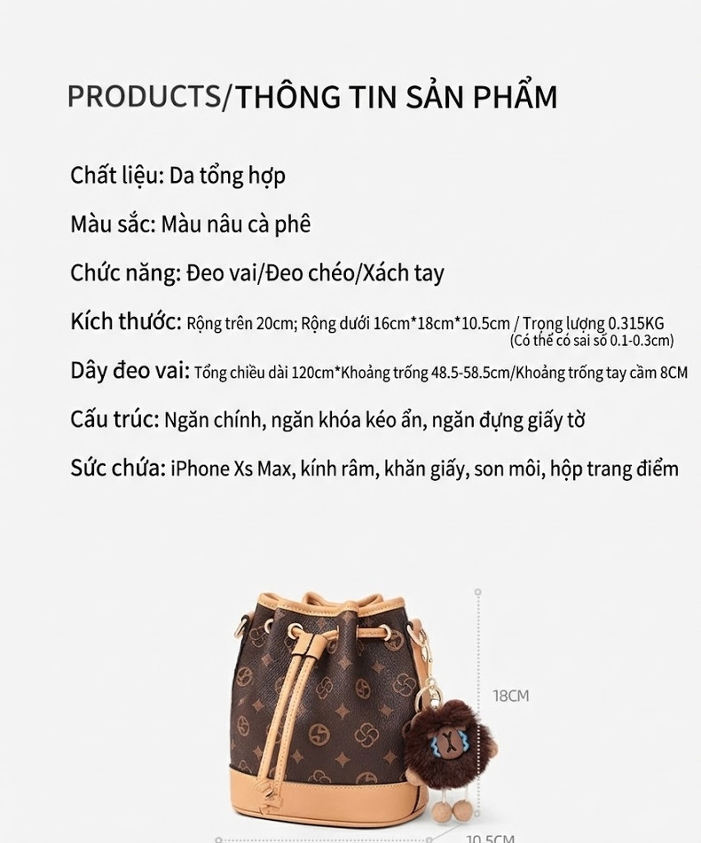 Túi Đeo Vai Nữ Da Bóng Kiểu Túi Rút Bucket Thời Trang Màu Nâu chi tiết 10